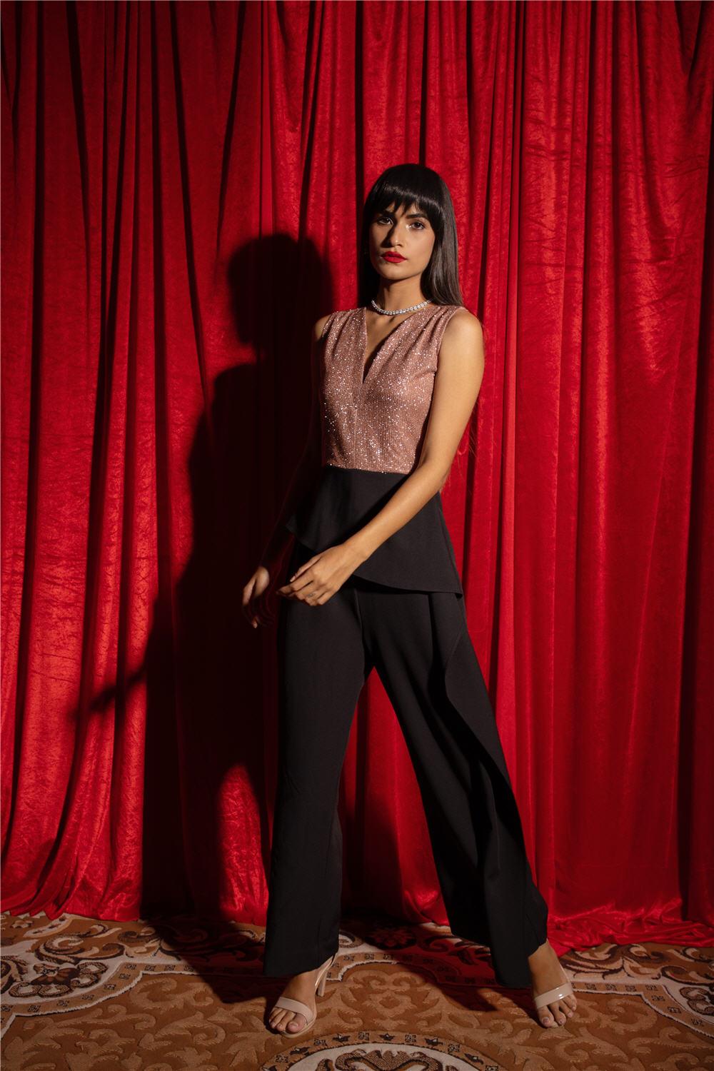 BLUSH SEQUIN AND BLACK JUMPSUIT - LabelIris