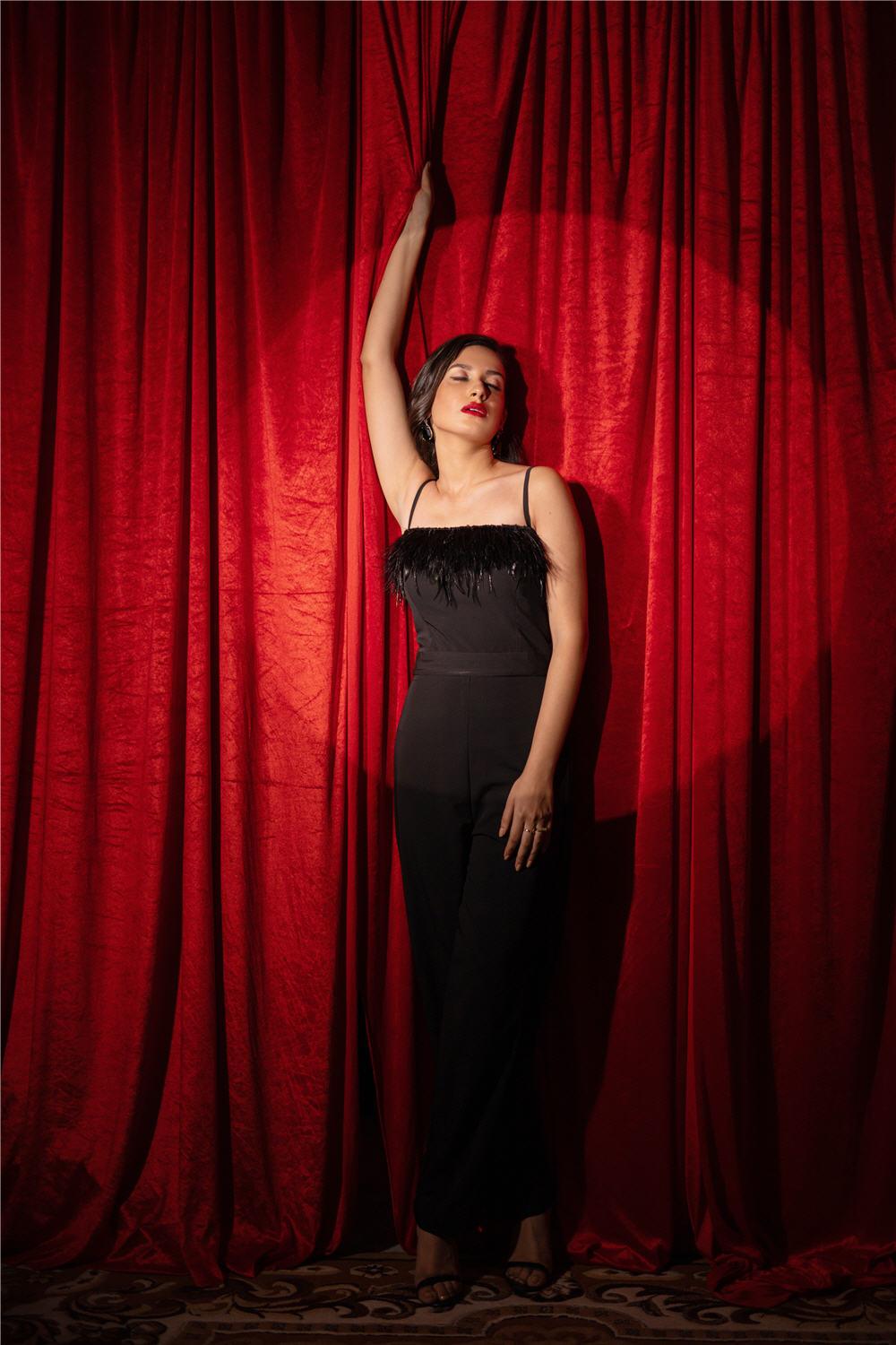 BLACK FEATHER JUMPSUIT - LabelIris