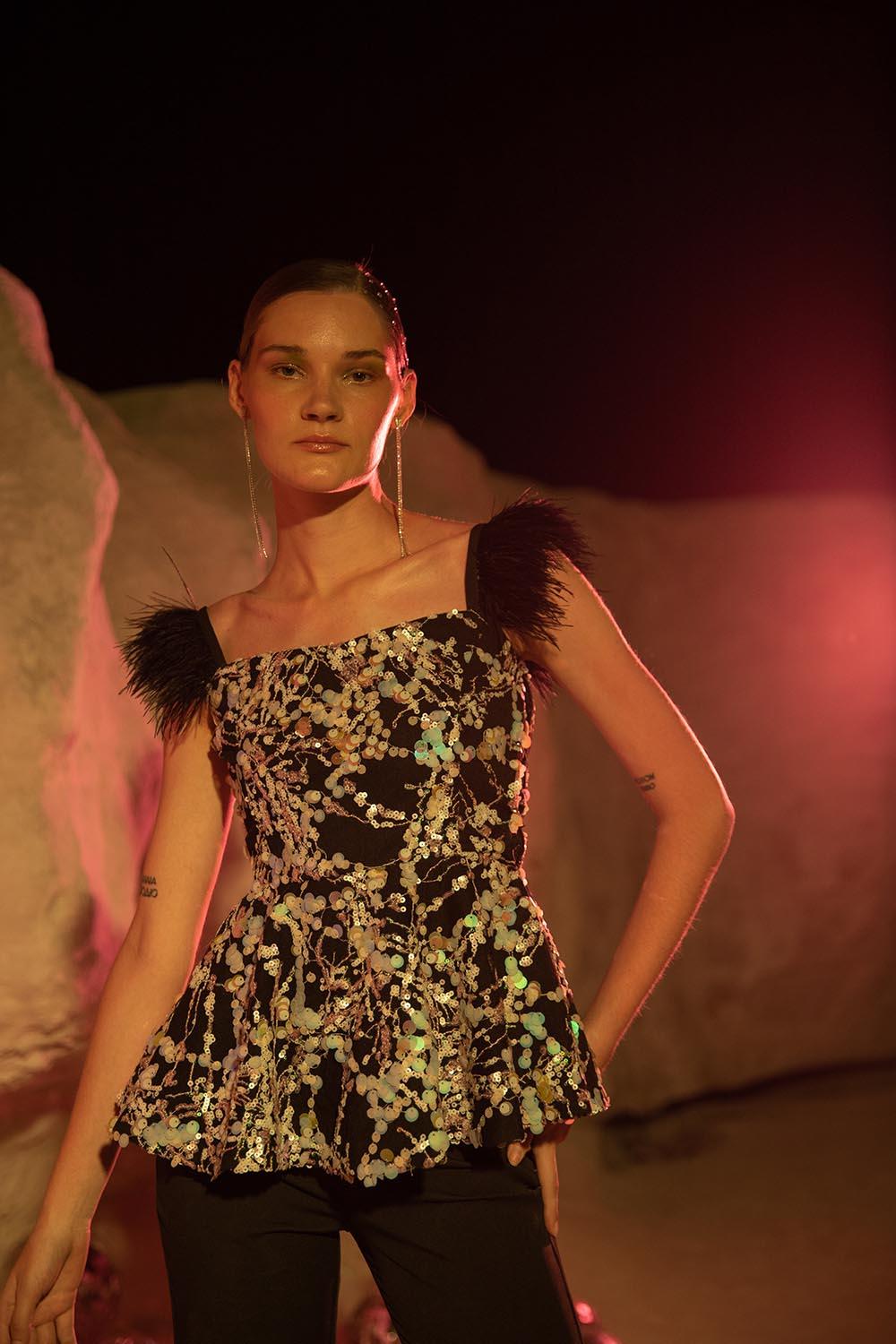 SHEENA SHERWANI IN BLACK SEQUIN AND FEATHER SET - LabelIris