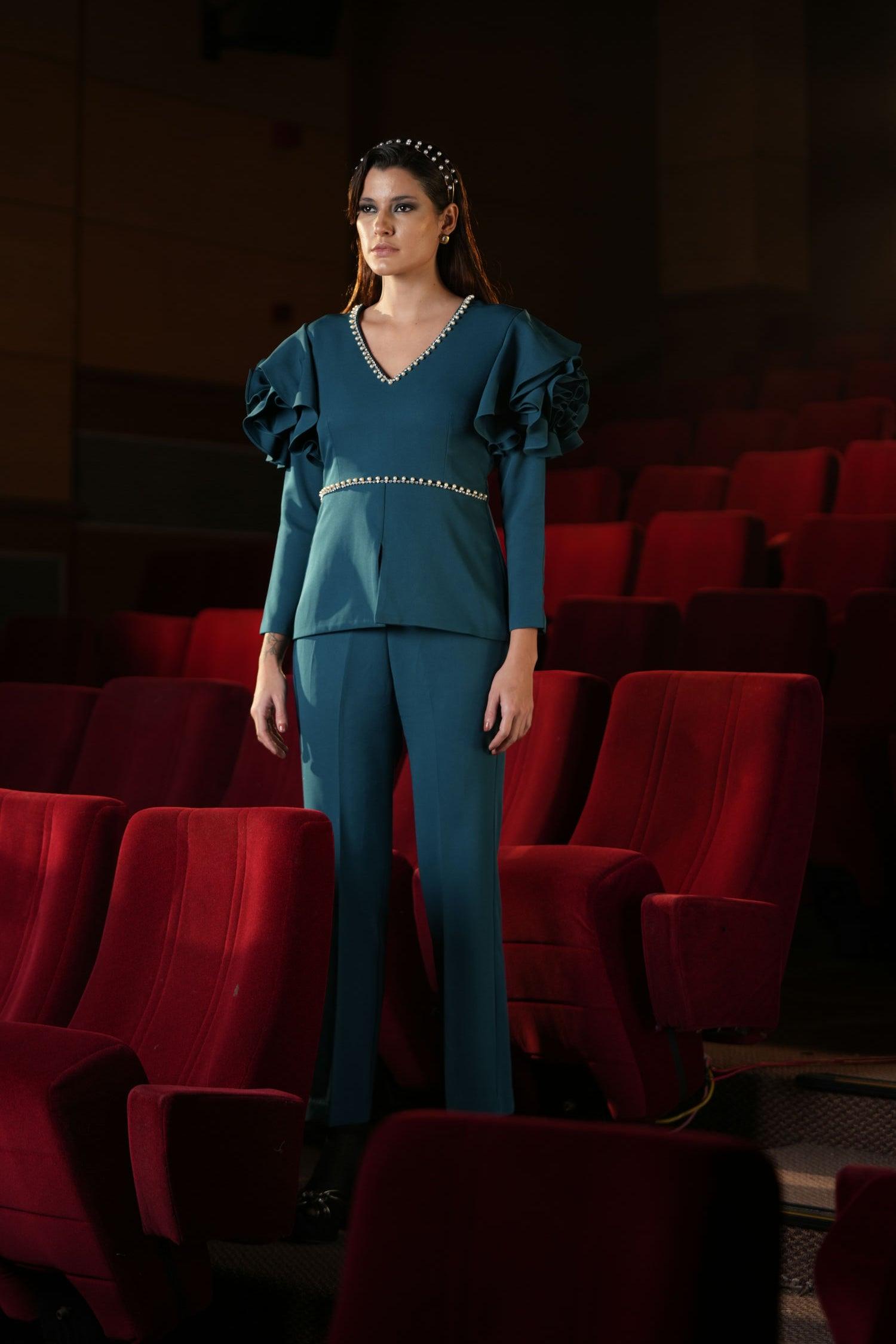 TEAL RUFFLE SLEEVE CO-ORD