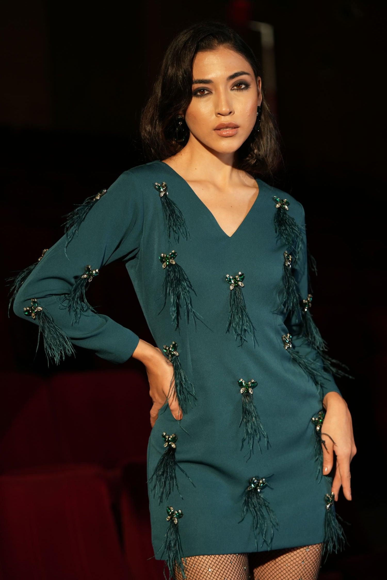 TEAL FEATHER EMBELLISHED DRESS - LabelIris