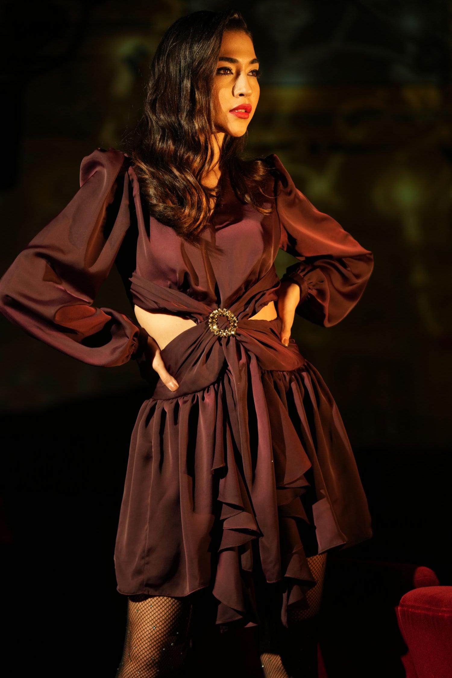 WINE RUFFLE CUT OUT DRESS - LabelIris