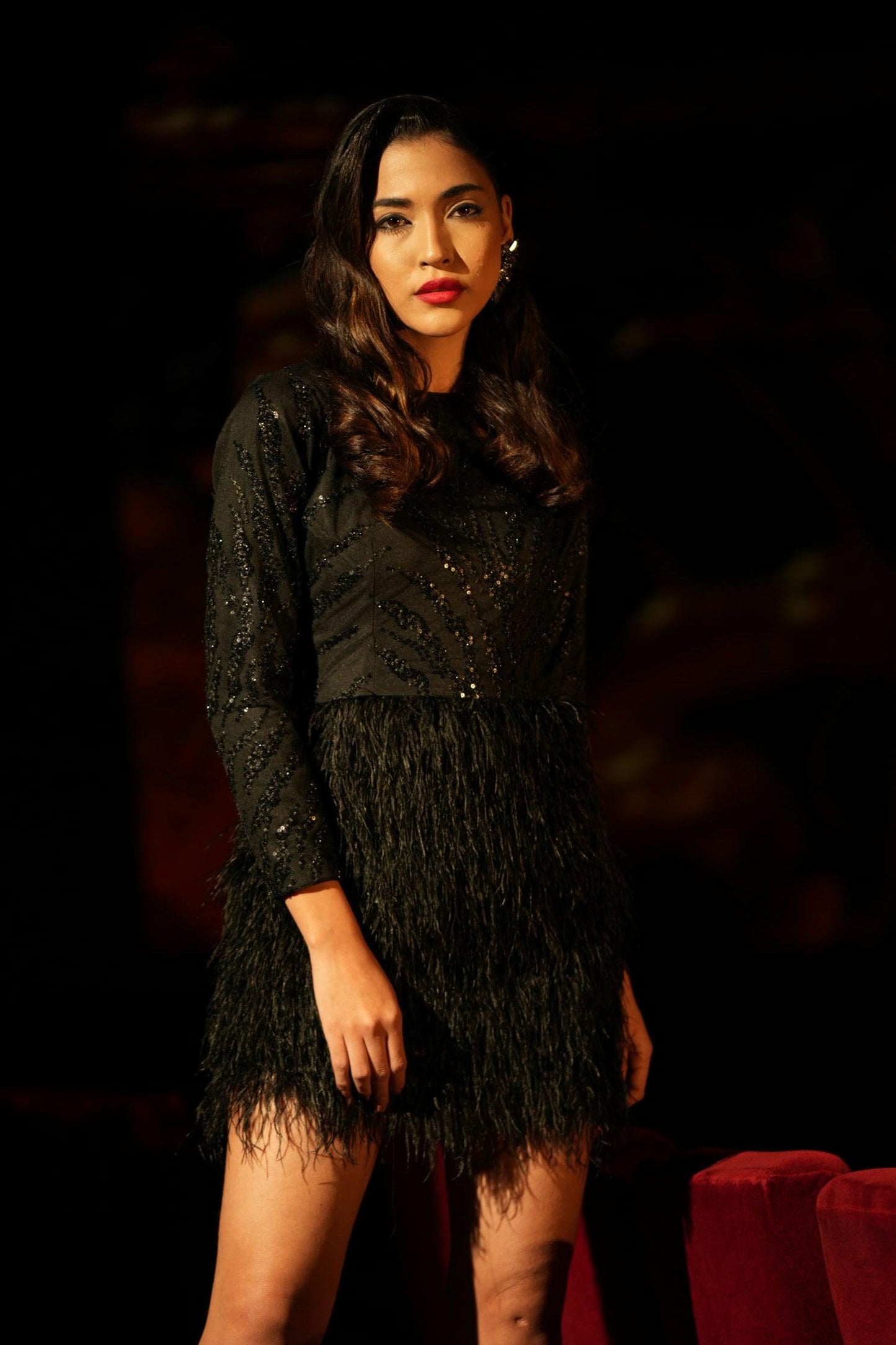 BLACK SEQUIN FEATHER DRESS - LabelIris