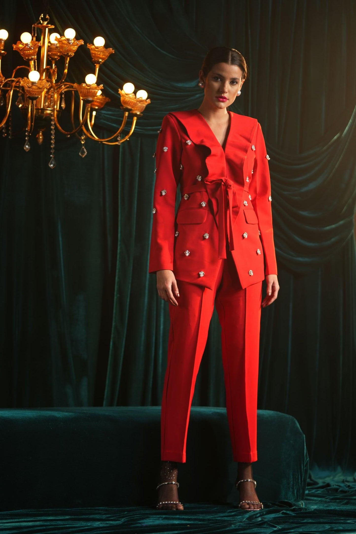 RED RUFFLE EMBELLISHED SUIT - LabelIris