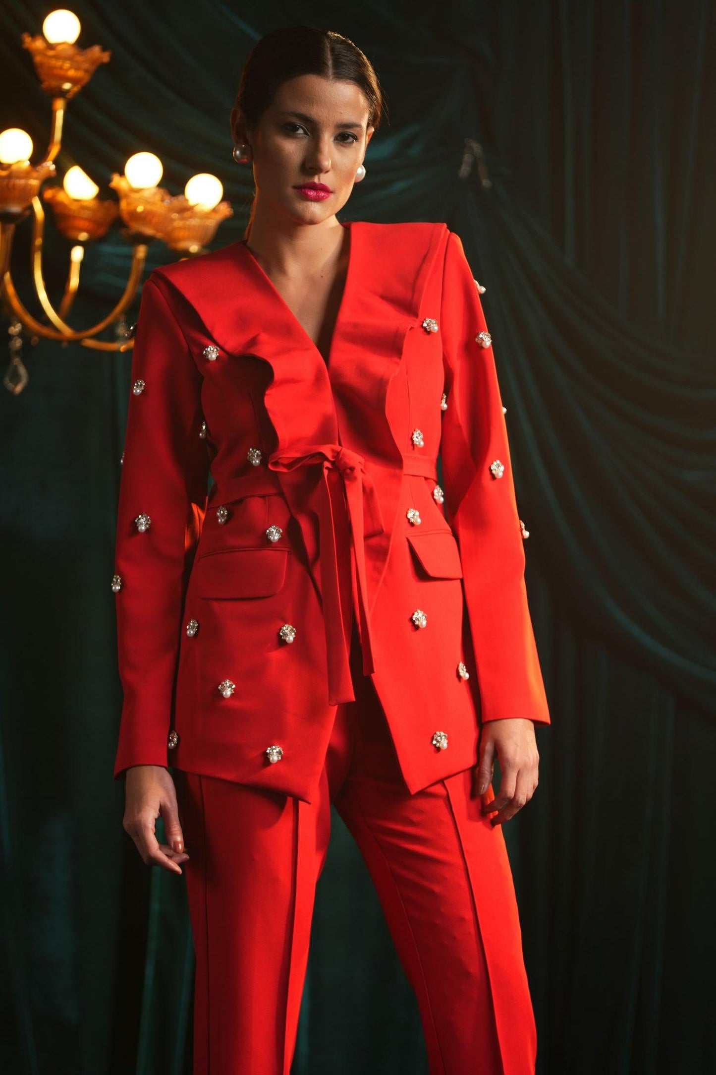 RED RUFFLE EMBELLISHED SUIT - LabelIris