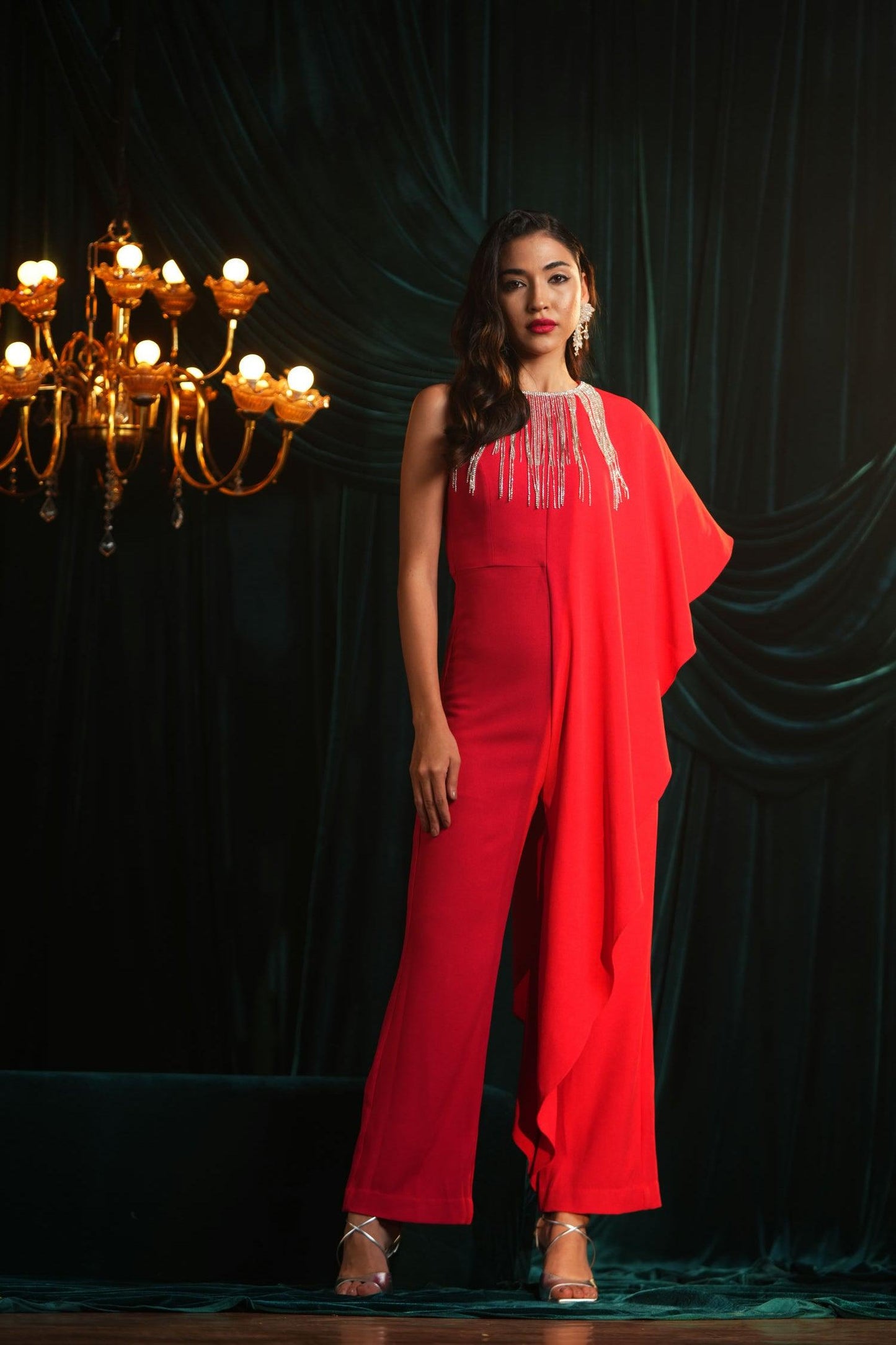 RED DRAPE FRINGE JUMPSUIT - LabelIris