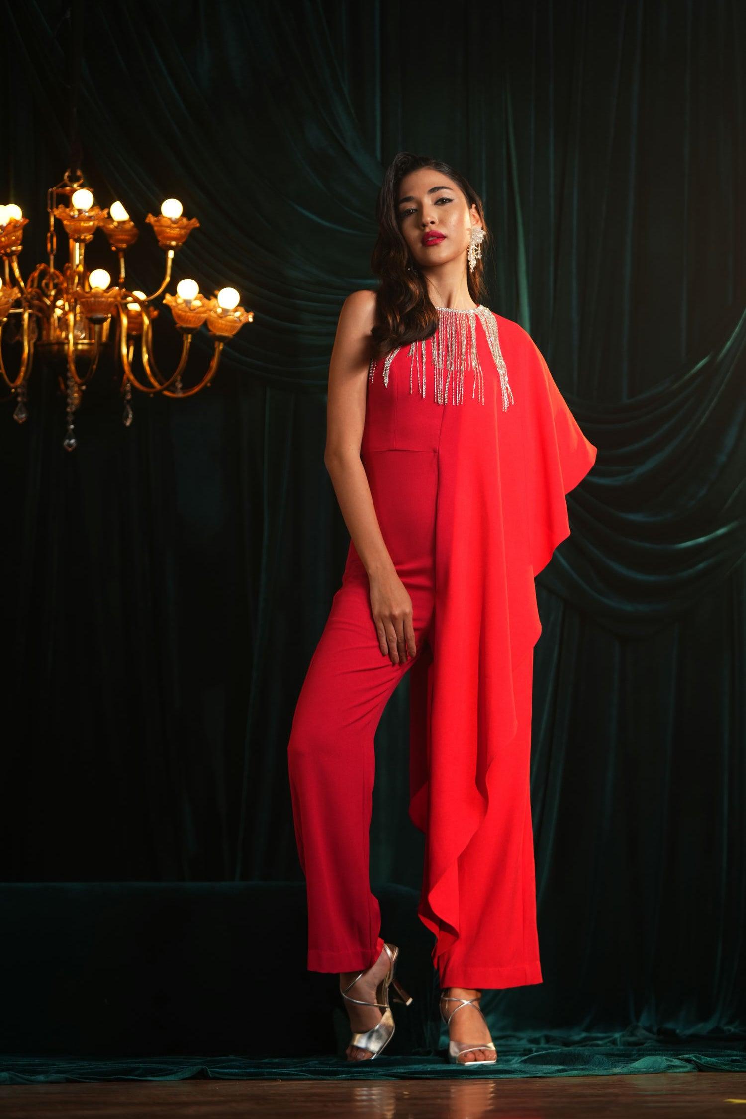 RED DRAPE FRINGE JUMPSUIT - LabelIris