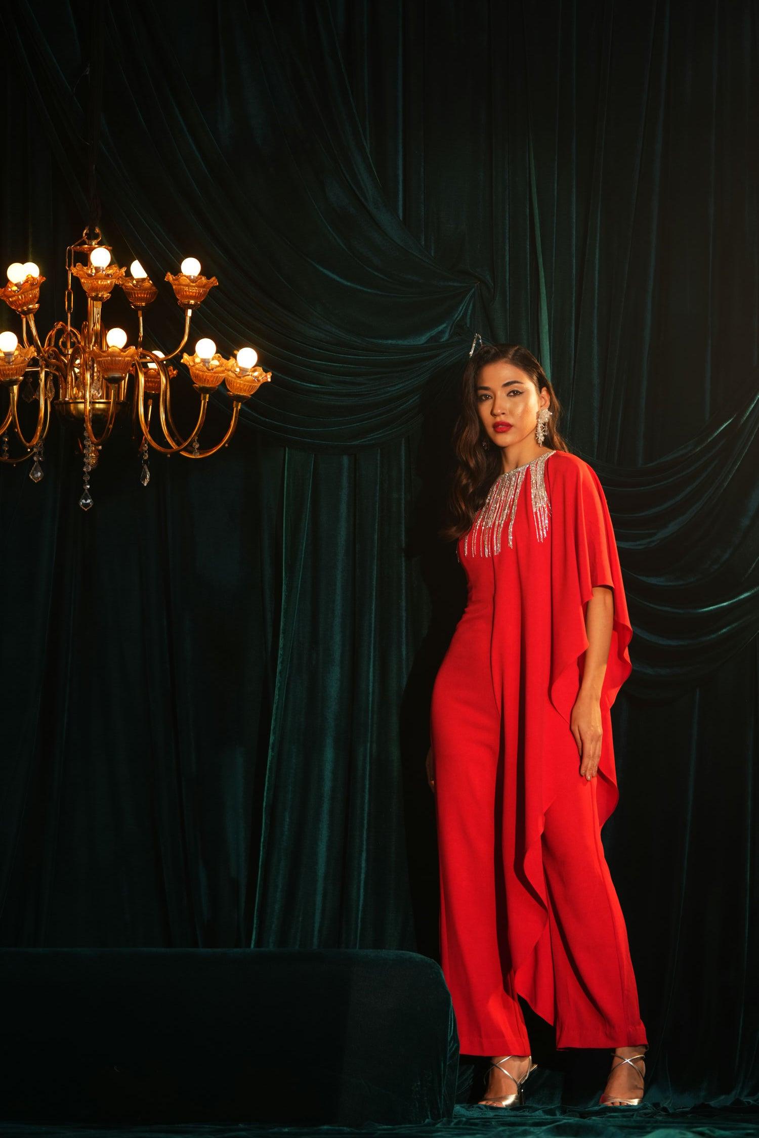 RED DRAPE FRINGE JUMPSUIT - LabelIris