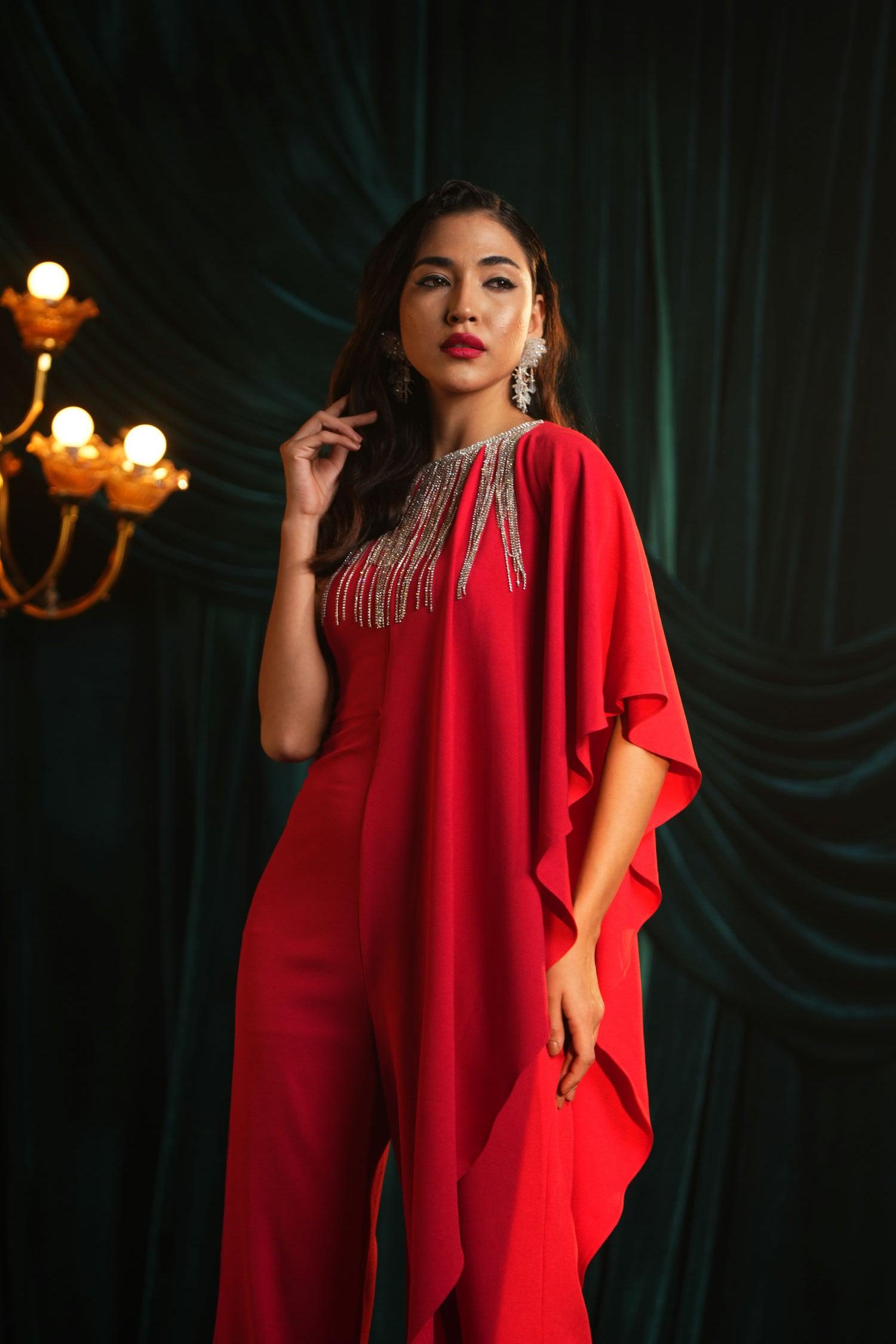 RED DRAPE FRINGE JUMPSUIT - LabelIris