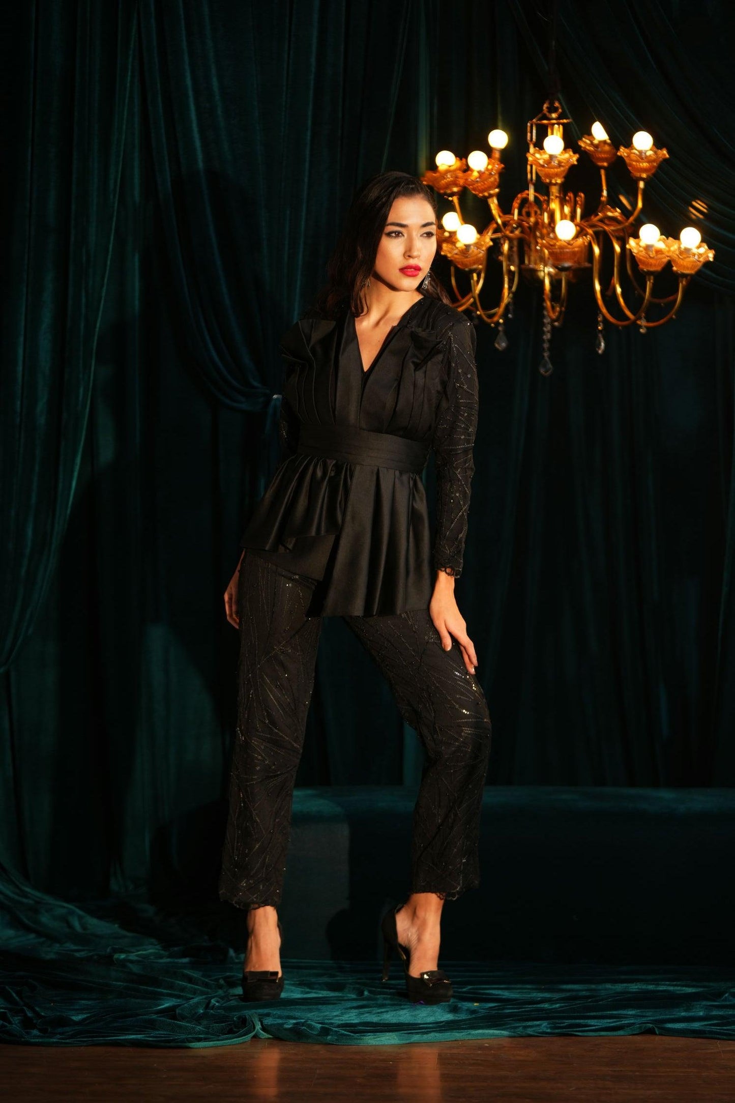 BLACK SEQUIN PEPLUM JUMPSUIT - LabelIris