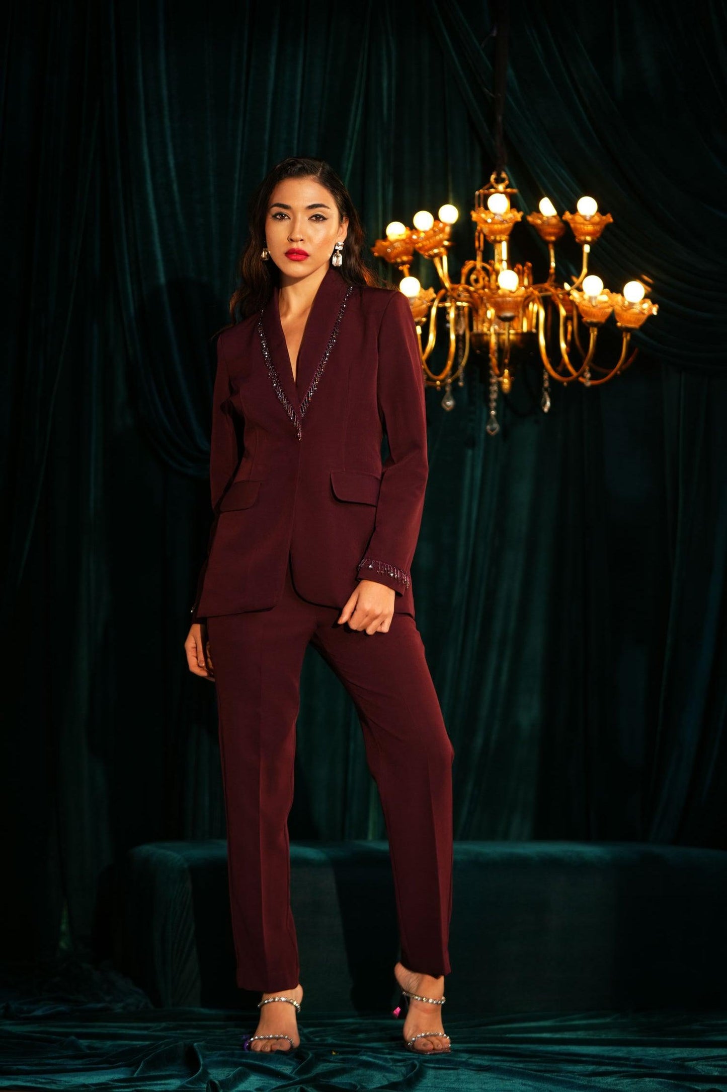 WINE BEADED PANT SUIT - LabelIris