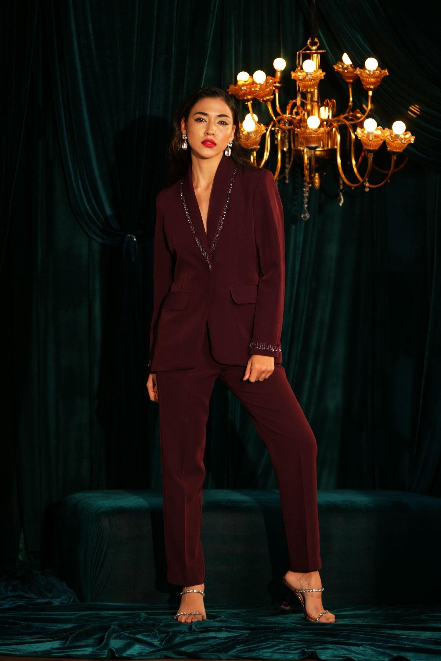 WINE BEADED PANT SUIT - LabelIris