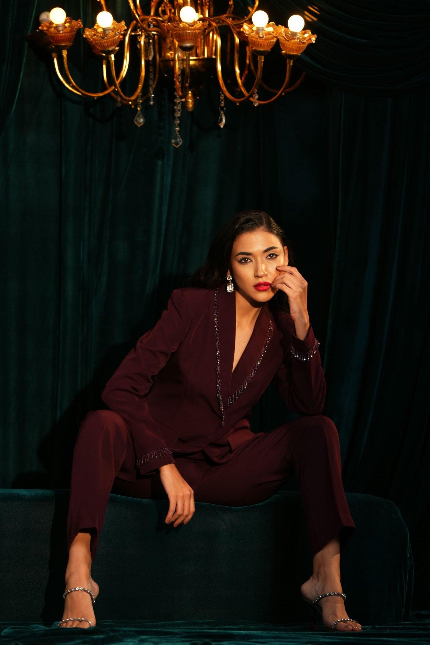 WINE BEADED PANT SUIT - LabelIris