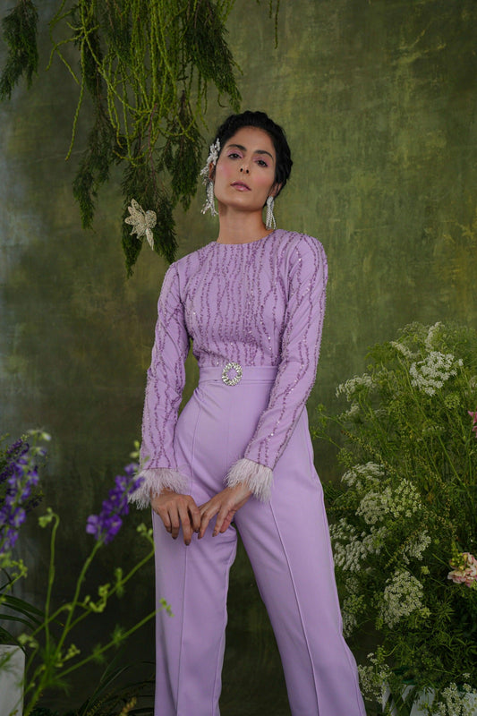 LILAC SEQUIN FEATHER JUMPSUIT