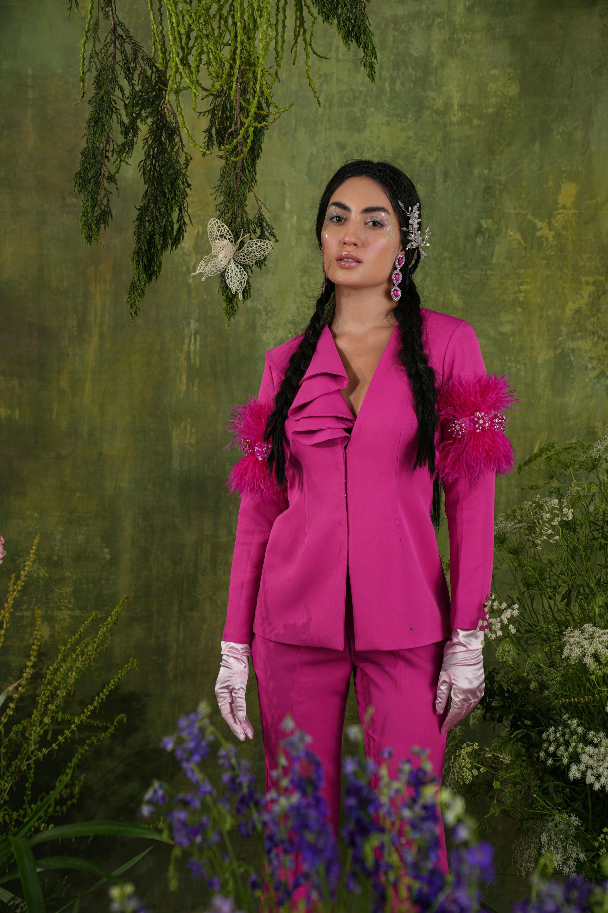 FUSCHIA PINK FEATHER  SUIT SET