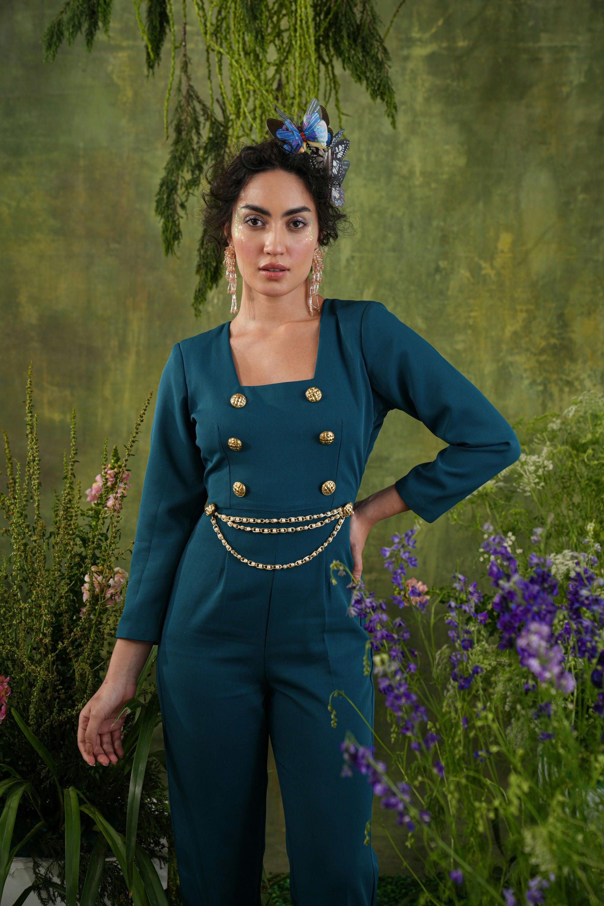 TEAL CHAIN JUMPSUIT