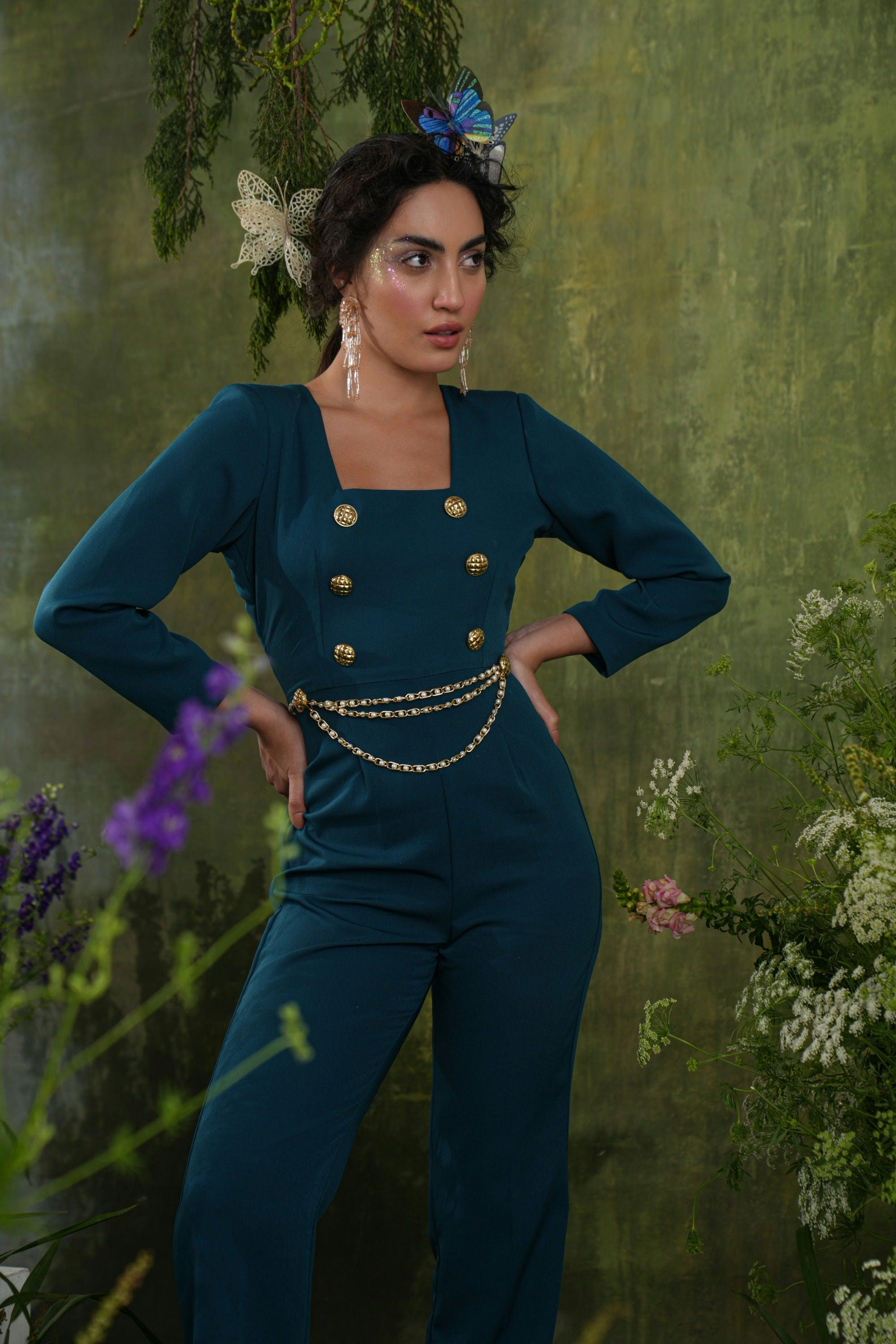 TEAL CHAIN JUMPSUIT