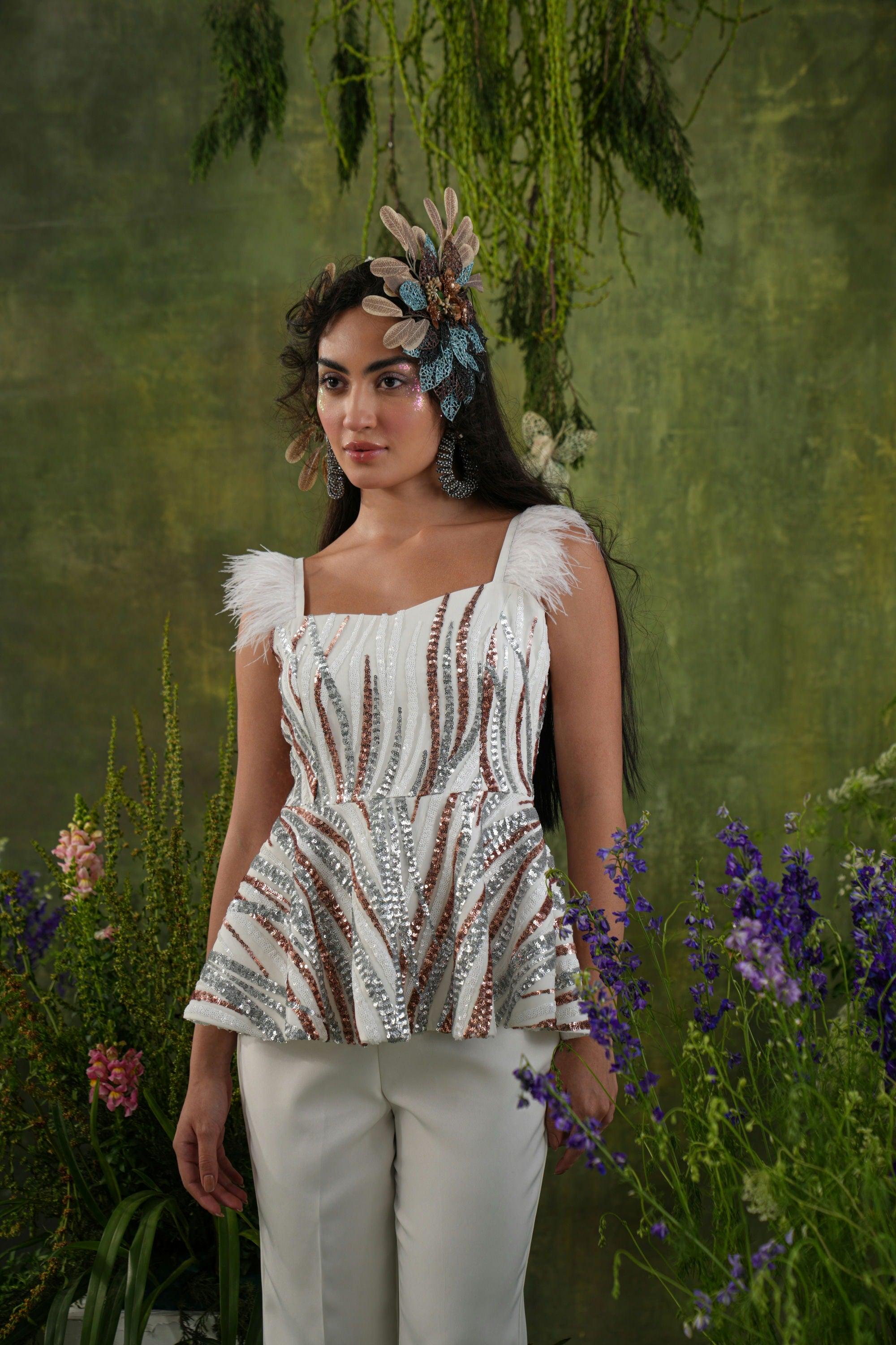 IVORY SEQUIN AND FEATHER CO-ORD SET