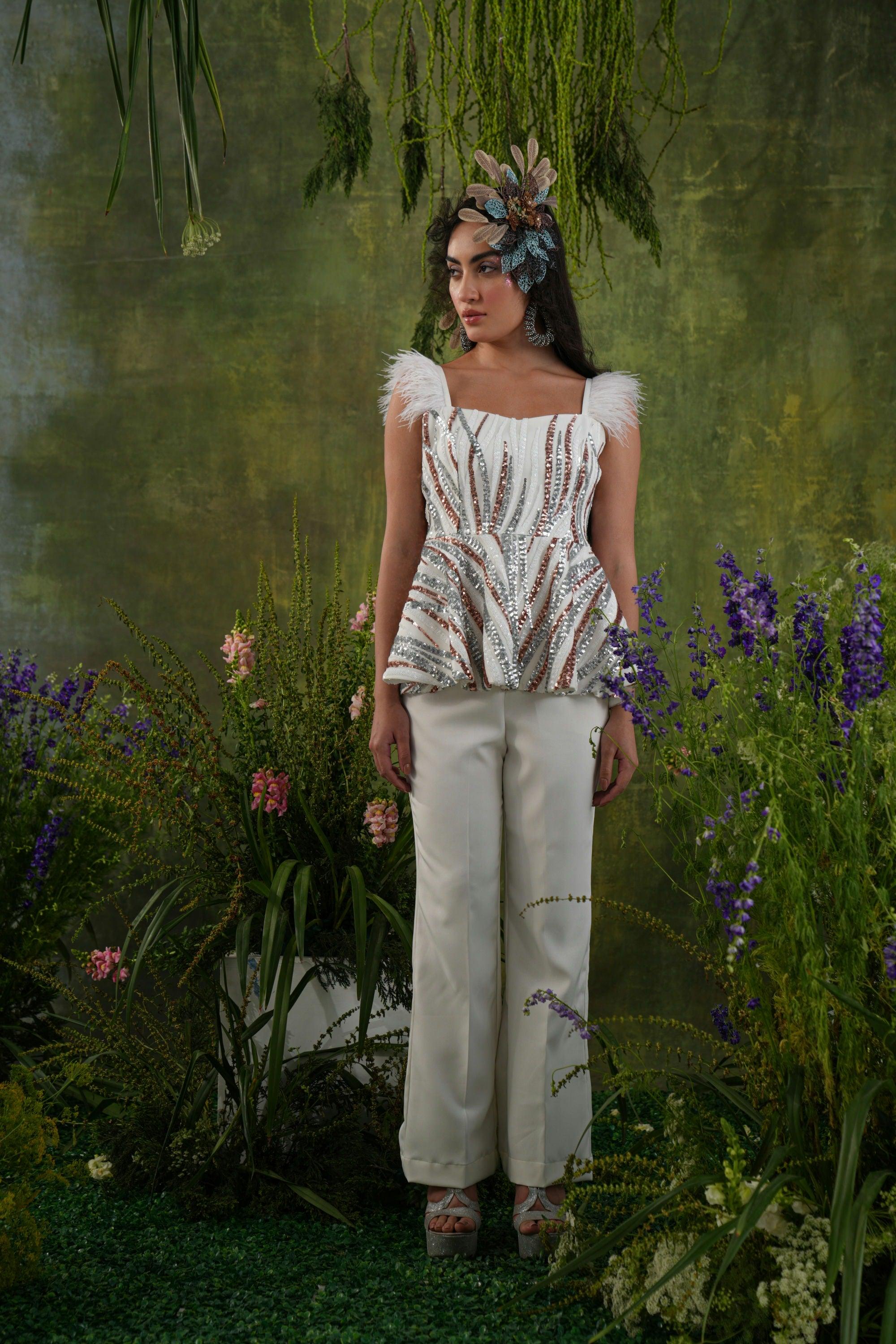 IVORY SEQUIN AND FEATHER CO-ORD SET