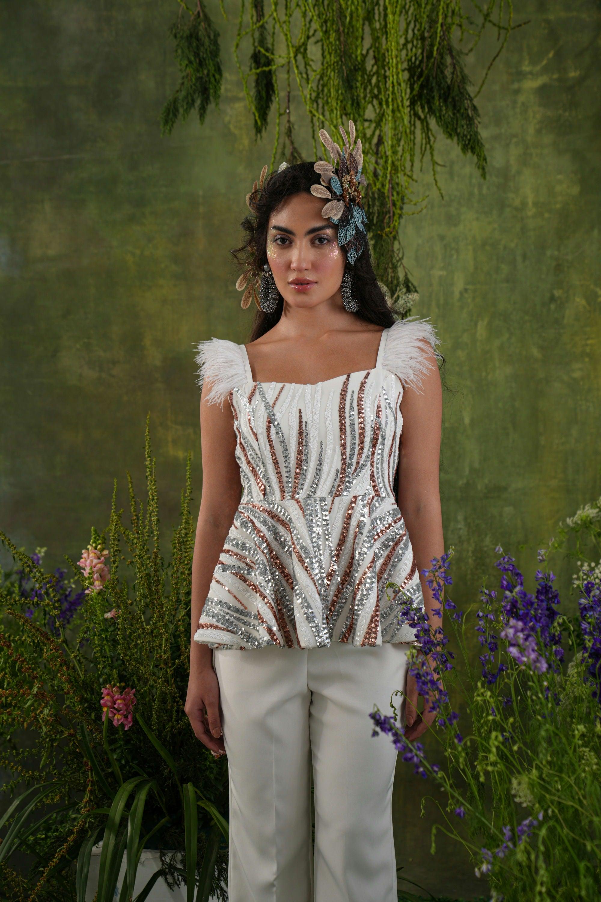 IVORY SEQUIN AND FEATHER CO-ORD SET