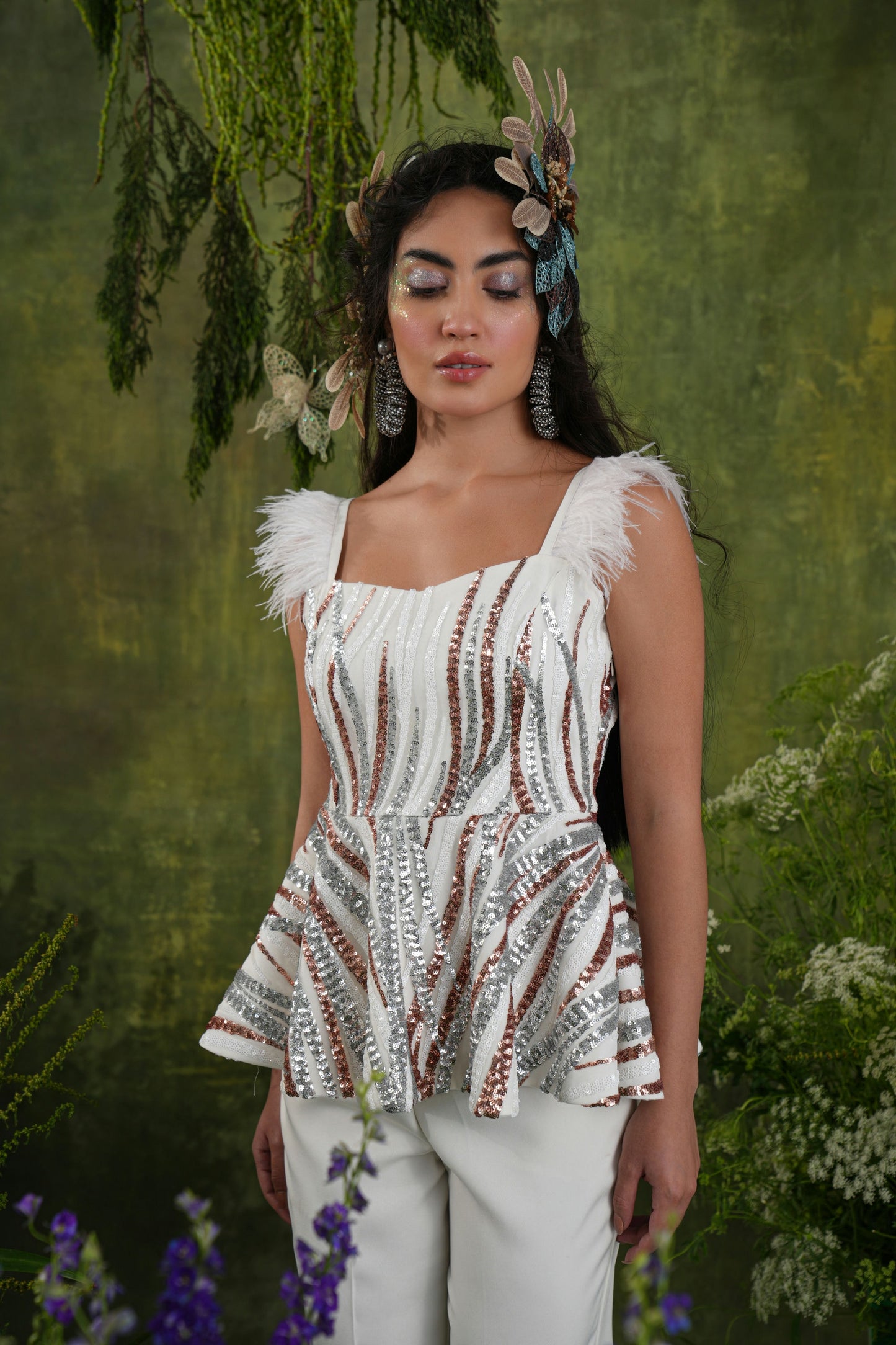 IVORY SEQUIN AND FEATHER CO-ORD SET