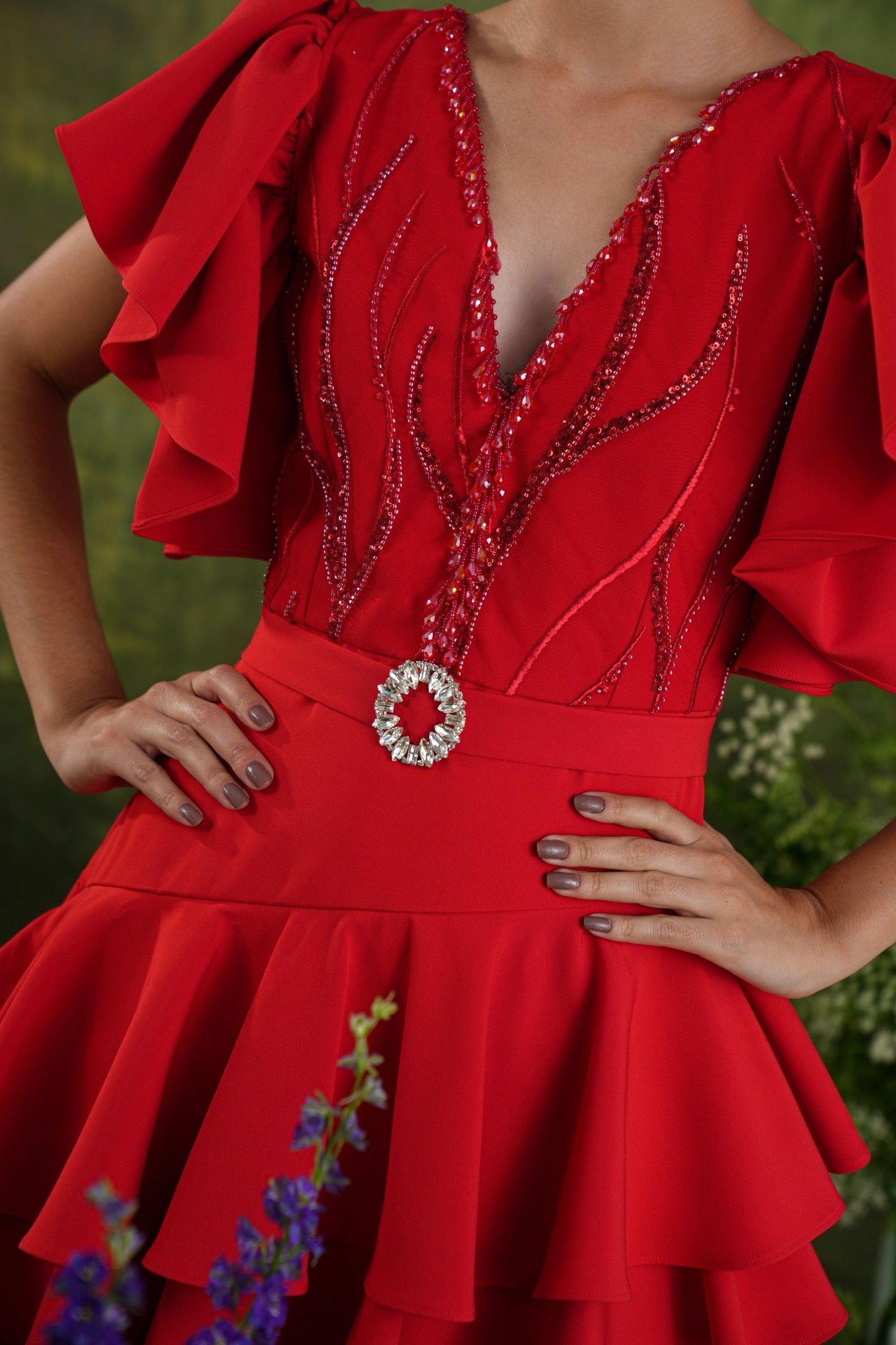 RED EMBELLISHED TIERED DRESS