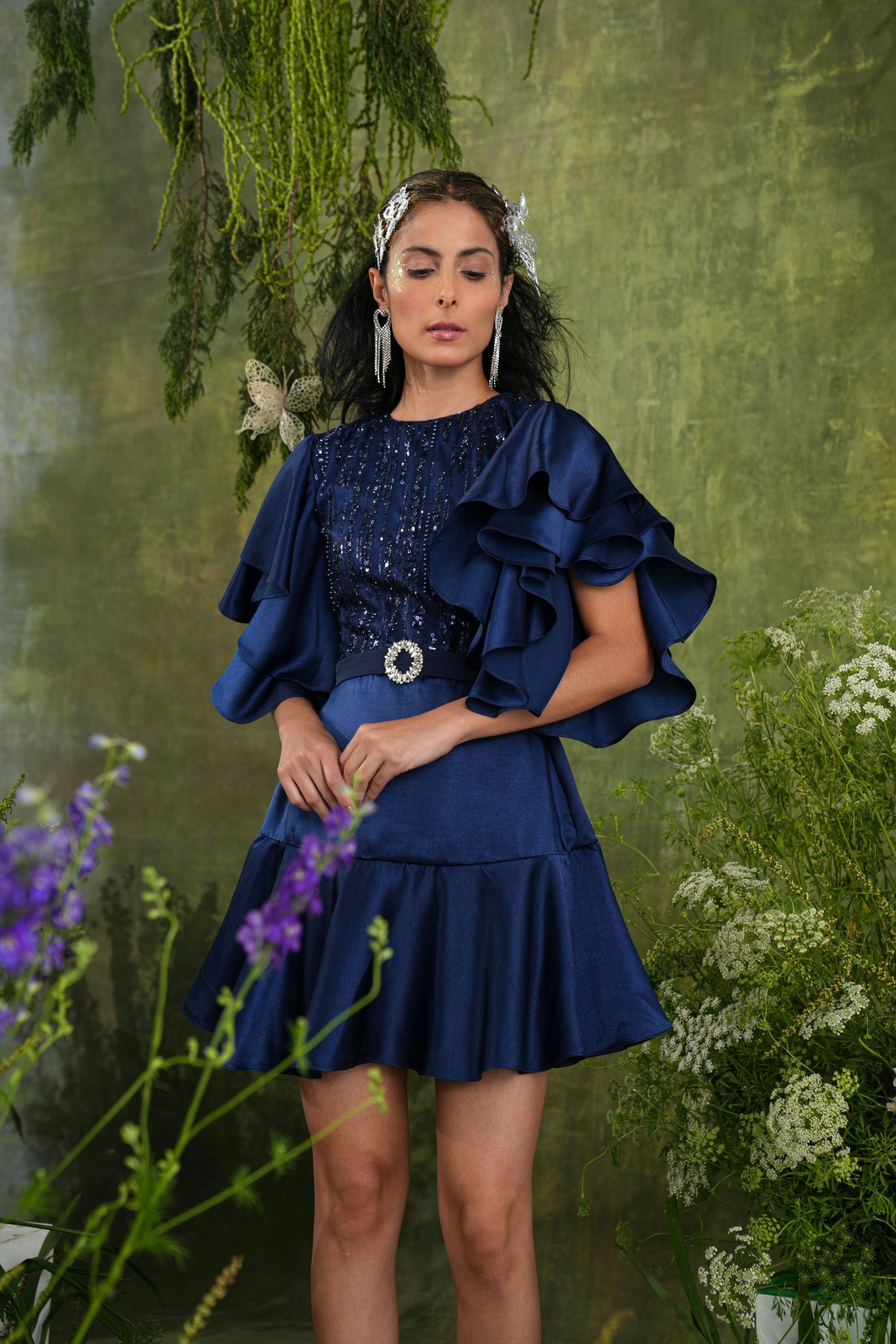 NAVY SEQUIN  RUFFLE SLEEVE DRESS