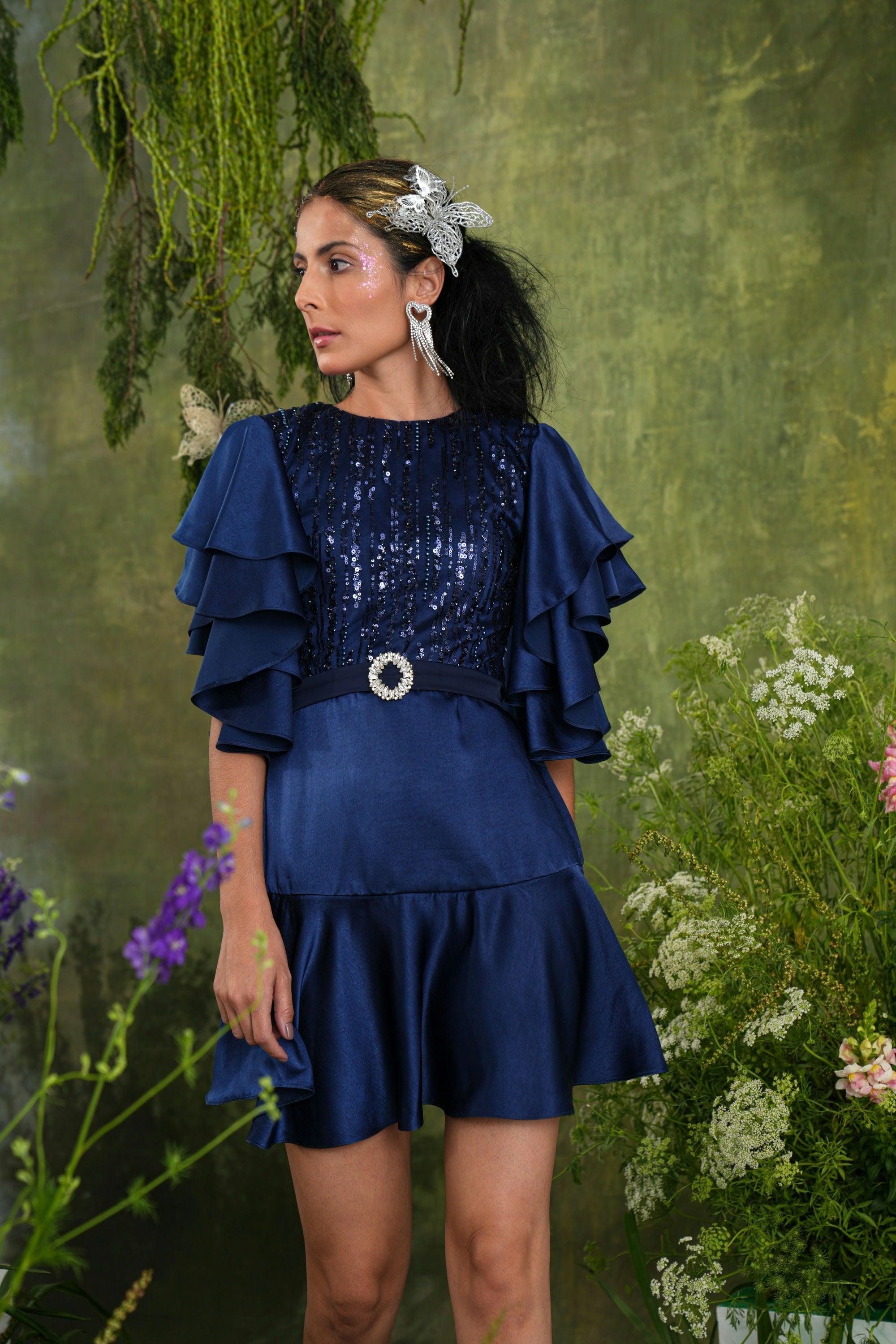 NAVY SEQUIN  RUFFLE SLEEVE DRESS