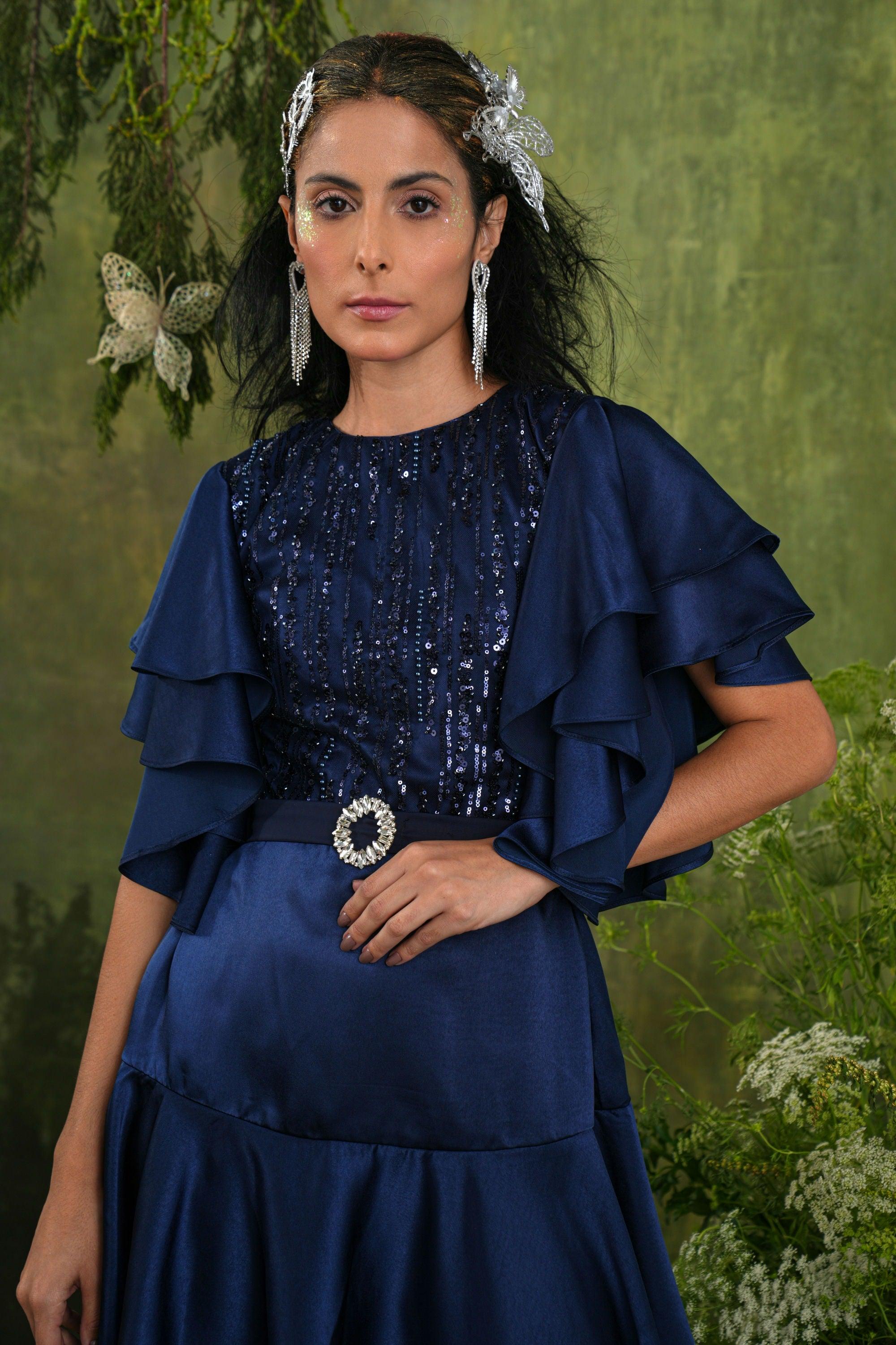 NAVY SEQUIN  RUFFLE SLEEVE DRESS