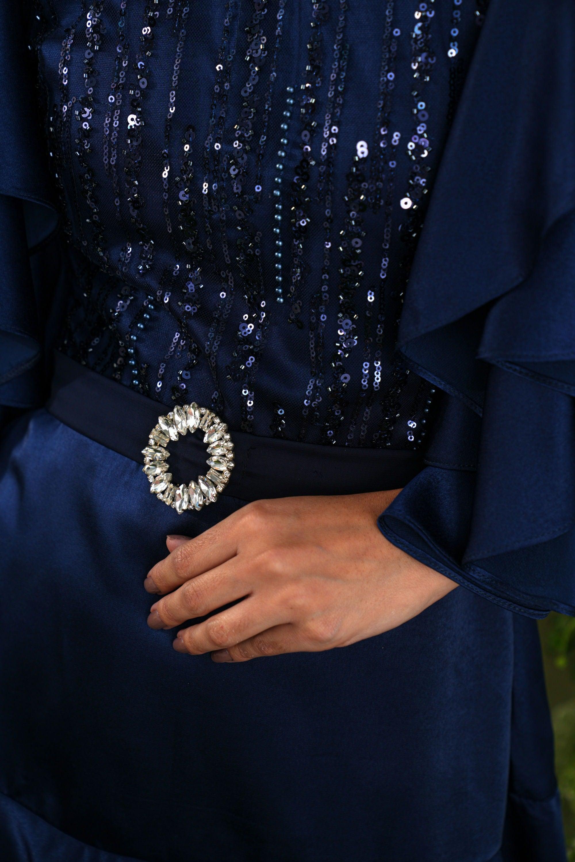 NAVY SEQUIN  RUFFLE SLEEVE DRESS